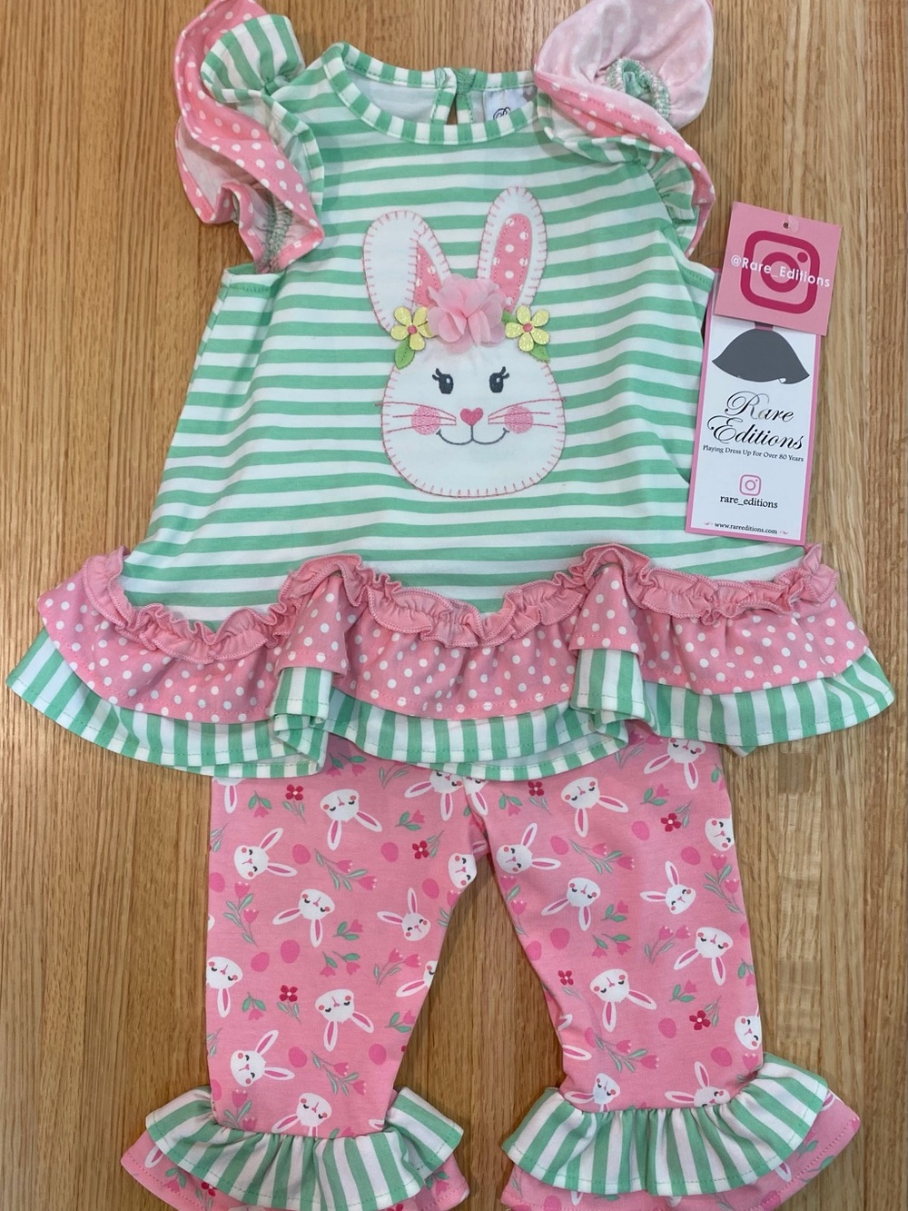 Rare Editions Pink, Green & White Bunny Ruffle Set